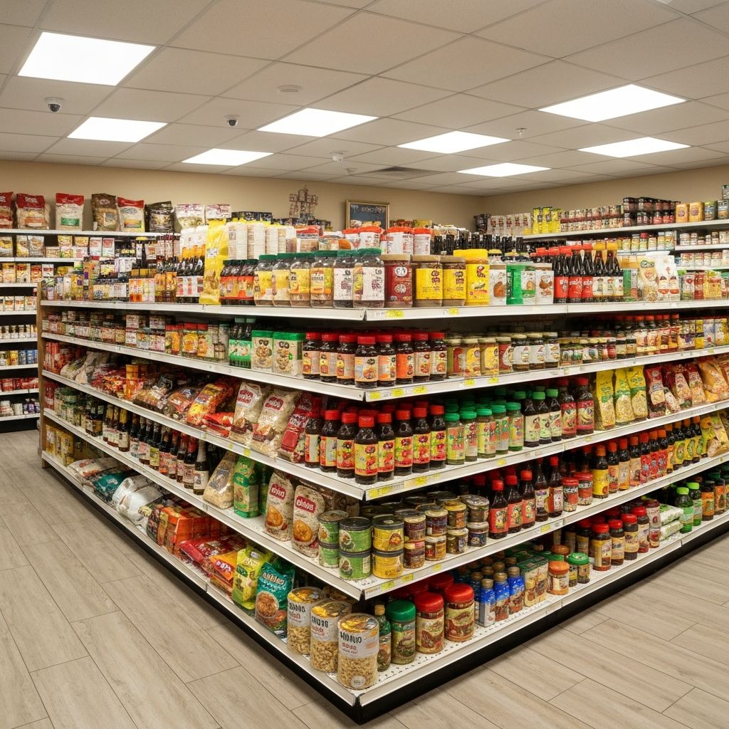Well-stocked Asian grocery shelves at Moonlight Bazaar Burwood
